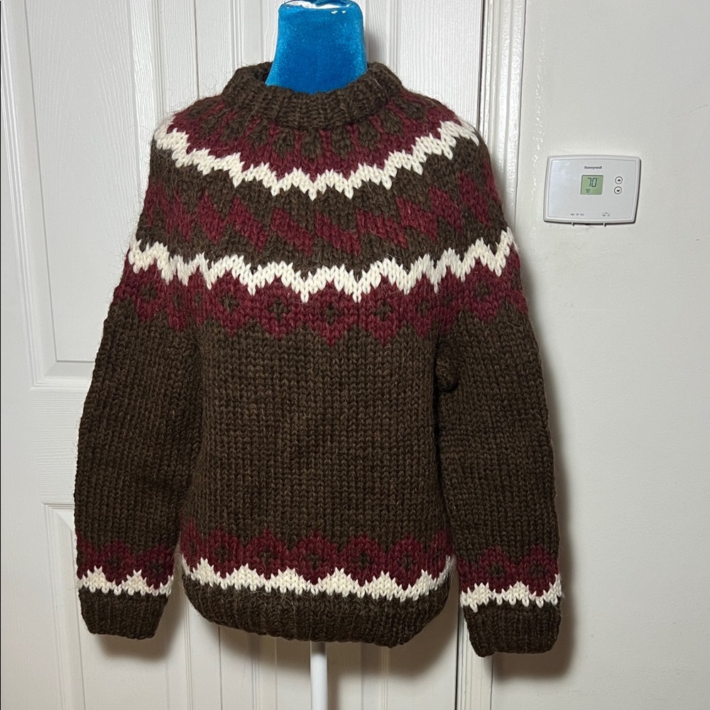 Hand-knit Cozy Brown and Burgundy Pull Over Knit Sweater (Fits Size Small)